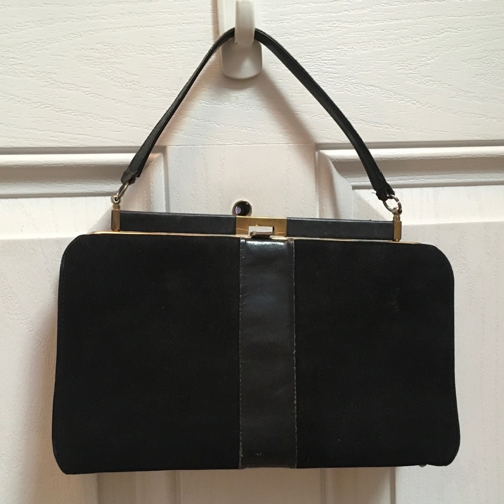 Vintage Black Suede Handbag Brass Frame Purse Top Clasp